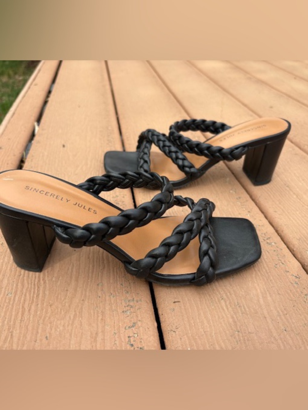 Sincerly Jules Black Braided Strap Small Heeled Sandals, sz 6.5 great condition